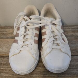 Adidas White And Rose Gold Striped Sneakers